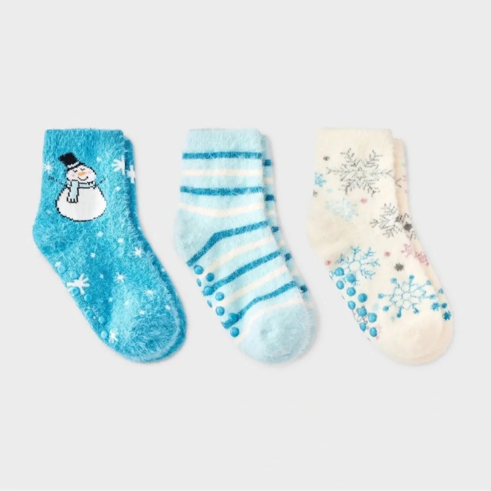 Kid's Snowman & Snowflakes Christmas 3pk Cozy Crew Socks with Grippers